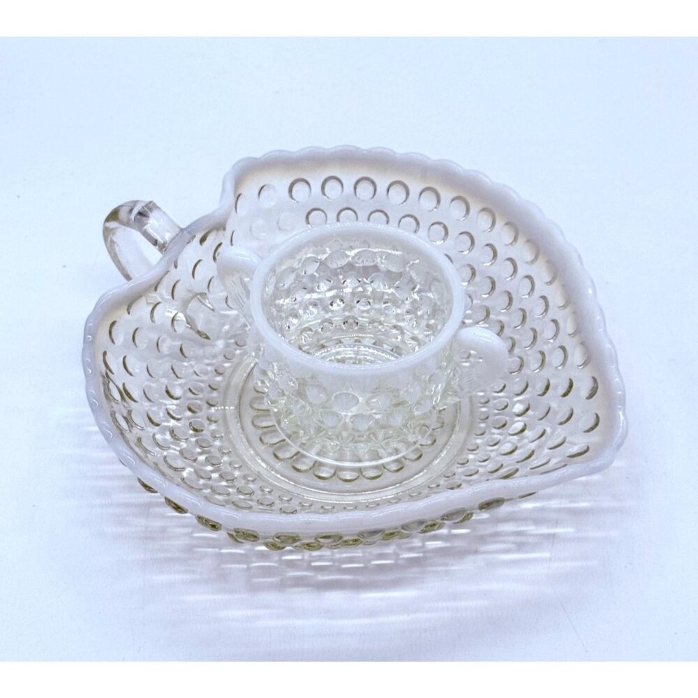 Anchor Hocking Moonstone Hobnail Glass Bon Bon Trinket Dish & Fenton Sugar Bowl